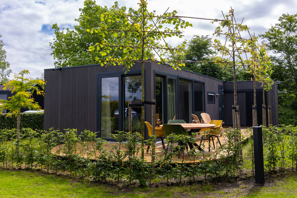 Zonnig terras bij vakantiehuisje De Oosterweide in Drenthe, perfect voor rust en buitenleven